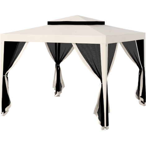 Outsunny Gazebo da Esterno 3x3 m con Zanzariera, Doppio Tetto e 8 Fori Crema