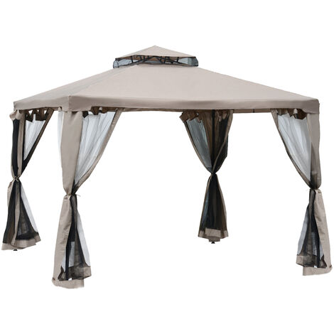 Outsunny Gazebo da Giardino con Paletti e Corde Doppio Tetto Zanzariera Pareti Laterali Beige 295 x 295 x 263 cm