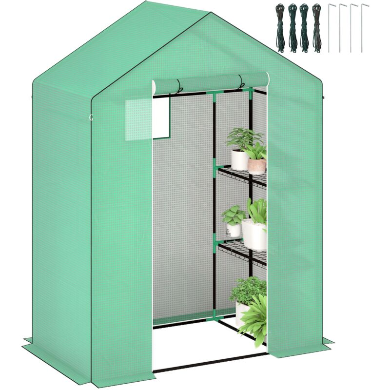 Outsunny Gewächshaus Mit Rolltür, Fenster, Regale, Winterfest Foliengewächshaus Aus Stahl, Treibhaus Für Balkon, Garten, Tomatenhaus 143 X 74 X