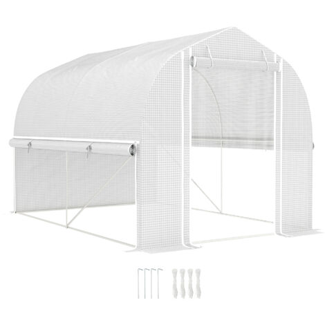 Outsunny Gewächshaus 3 x 2 x 2 m Foliengewächshaus mit 4 Fenster & Tür, Aufrollbar Seitenwänden, UV-beständiger Folientunnel Tomatenhaus mit verzinkten Stahlrahmen, Weiß