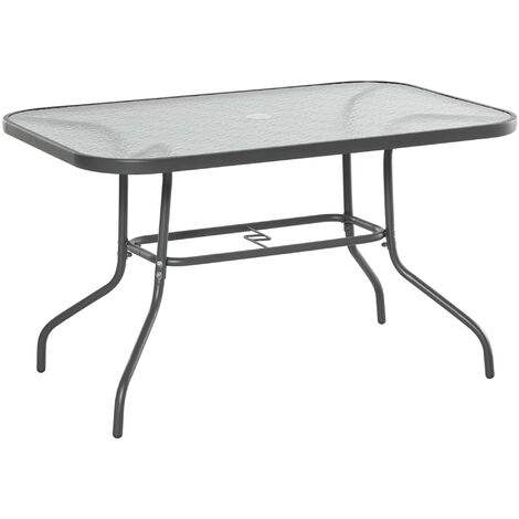 main image of "Outsunny Glass Top Garden Table Curved Metal Frame w/ Parasol Hole Outdoor Dining"
