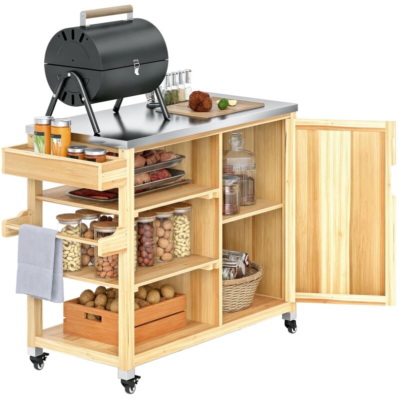 Outsunny Grillwagen 6-etagen Servierwagen Mit Arbeitsfläche Handtuchregal, Bbq Grilltisch Aus Holz, Grill Beistelltisch, Outdoor Trolley,