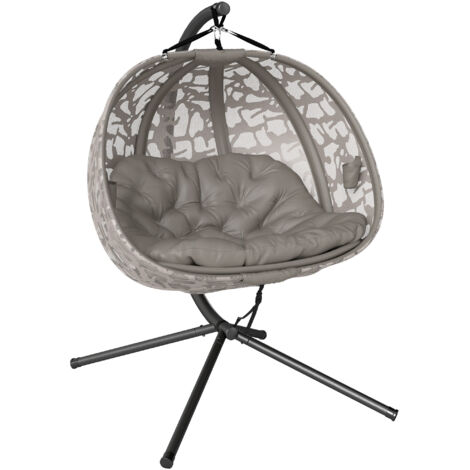 Outsunny Hängesessel, 2 Sitzer Hängestuhl mit Kissen, Hängeschaukel mit Klappbarem Sitzkorb, Seitentaschen für Indoor, Outdoor, bis 240 kg Belastbar, Polyester+Stahl, Sand
