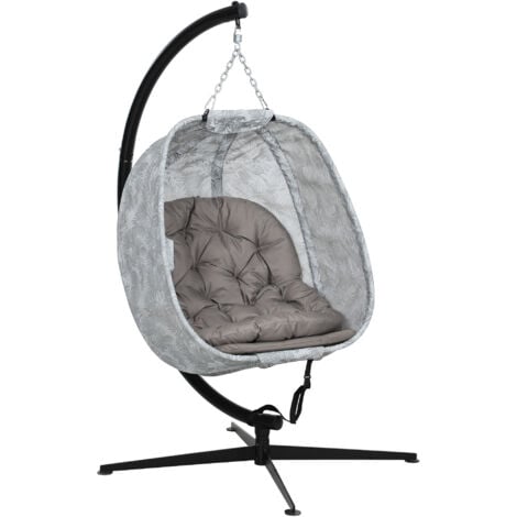Outsunny Hanging Egg Chair Outdoor Indoor Swing Chair, Folding Basket, Sand