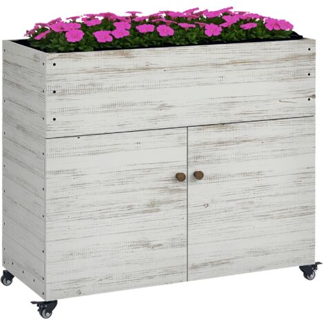 Outsunny Hochbeet aus Holz, Frühbeet mit Schrankfach, Kräuterbeet mit Rollen, Pflanzkasten, Blumenkasten mit Vliesstoff für Garten, Balkon, 110 x 50 x 95 cm, Weiß