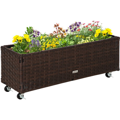 Outsunny Hochbeet Poly Rattan mit Rollen Pflanzkasten mit Abflusslöchern Blumenkasten Blumenkübel Kaffee-Braun 94,5 x 31 x 36 cm