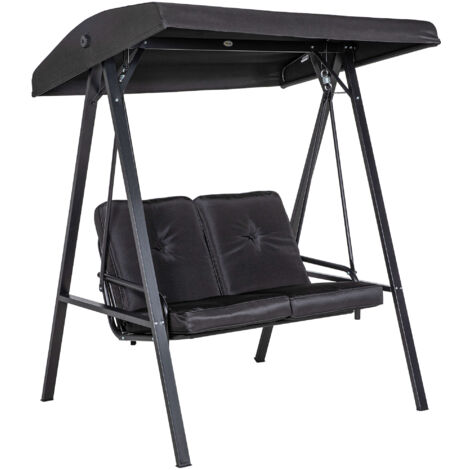Outsunny Hollywoodschaukel 2-Sitzer Gartenschaukel mit Verstellbarem Dach, Kissen, Schaukelbank bis 220 kg Belastbar, für Garten, Balkon, Schwarz, 145 x 116 x 172 cm