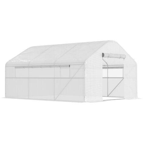 Outsunny invernadero de exterior 4x3x2 m invernadero de túnel con 2 ventanas cubierta de PE anti-UV y 1 puerta enrollable con cremallera blanco