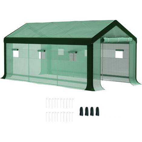 Outsunny invernadero de exterior 6x3x2,8 m invernadero de túnel con 6 ventanas cubierta de PE anti-UV y 2 puertas enrollables con cremallera verde