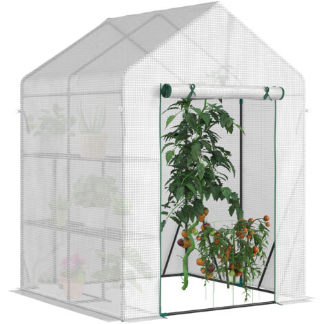 Outsunny invernadero de exterior con 4 estantes puerta enrollable con cremallera y marco de acero para cultivos plantas flores 143x143x195 cm blanco