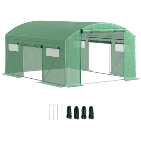 Outsunny invernadero de túnel 4x3x2 m con 3 puertas enrollables 6 ventanas cubierta PE 140g/m² estructura de acero galvanizado para cultivos verde