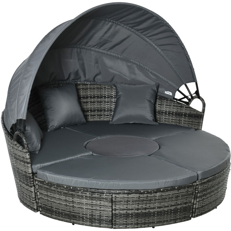

Outsunny - Isla de Ratán para Exterior 5 Piezas Tumbona Redonda con Toldo Plegable Cojines Extraíbles Lavables y 3 Almohadas Marco de Metal