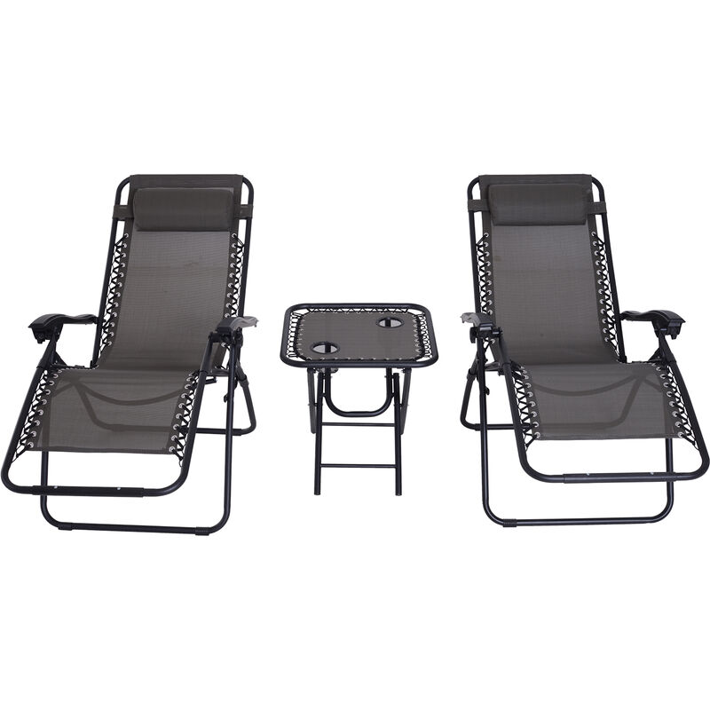 

Set de 2 Sillas de Gravedad Cero Plegables 90x65x110 cm y Mesa Auxiliar con 2 Portavasos Sillas Reclinables con Reposacabezas para Jardín Terraza