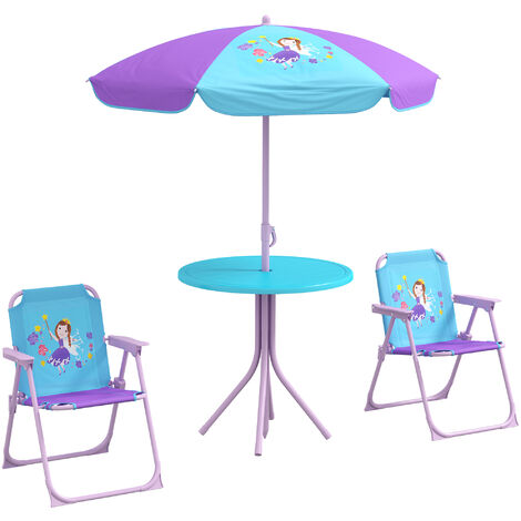 Outsunny Kids Bistro Table and Chair Set w/ Fairy Theme, Adjustable Parasol