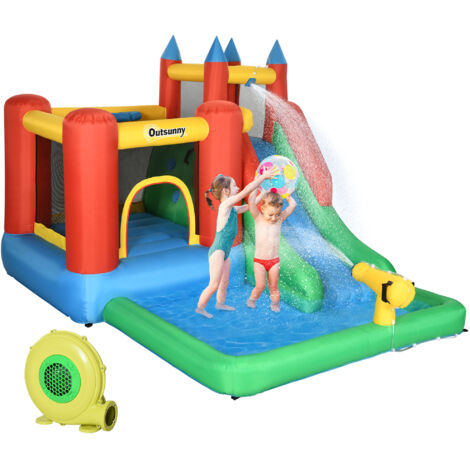 Outsunny Kids Bouncy Castle w/ Slide Water Pool Climbing Wall & Trampoline