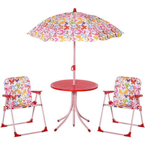 main image of "Outsunny Kids Outdoor Bistro Table and Chair Set Butterfly Pattern Garden Patio Backyard with Removable & Height Adjustable Parasol"