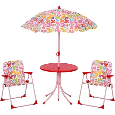 Outsunny Kids Outdoor Bistro Table and Chair Set Butterfly Pattern Garden Patio Backyard with Removable & Height Adjustable Parasol