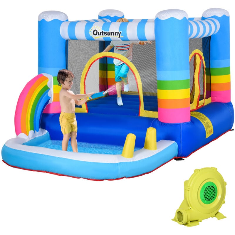 Outsunny - Kids Bouncy Castle with Pool Outdoor Trampoline w/ Net Blower 3-8 Yrs