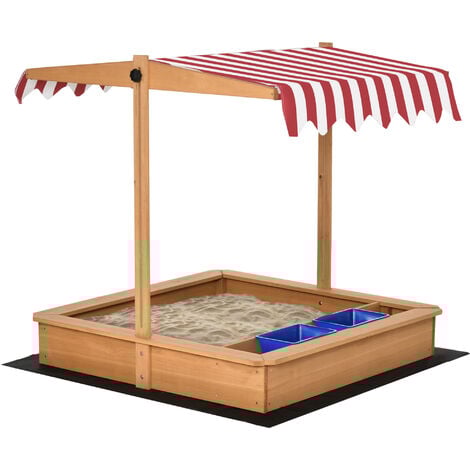 Outsunny Kids Wooden Sandbox Sand Pit Height Adjustable with Canopy Basins