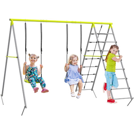 Outsunny Kinderschaukel-Set Schaukelgerüst aus Metall, Schaukelgestell mit Doppelschaukel, Kletternetz, Sprossenleiter, Gartenschaukel für Kinder 3-8 Jahre, Stahl, Grün