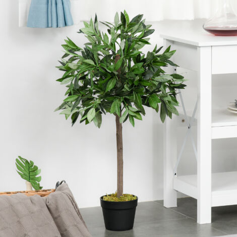 Outsunny Lauriers artificiels 0,90H m - Lot de 2 lauriers Boules artificiels - 564 Feuilles réalistes par Pied - Pot Inclus Noir Vert