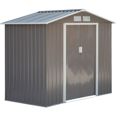 main image of "Outsunny Lockable Garden Shed Large Patio Roofed Tool Metal Storage Building Foundation Sheds Box Outdoor Furniture, 7ft x 4ft, Grey"