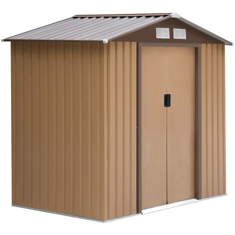 main image of "Outsunny Lockable Garden Shed Large Patio Roofed Tool Metal Storage Building Foundation Sheds Box Outdoor Furniture, 7ft x 4ft, Yellow"