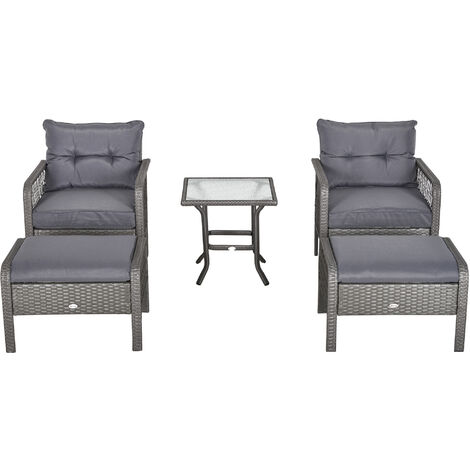 Outsunny Lot de 2 fauteuils de jardin grand confort repose-pied table basse résine tressée et filaire imitation rotin coussins gris - Gris