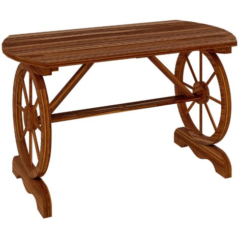 Outsunny mesa de jardín de madera 120x63x70 cm con patas en forma de rueda orificio para sombrilla y diseño de listones carga 50 kg madera carbonizada