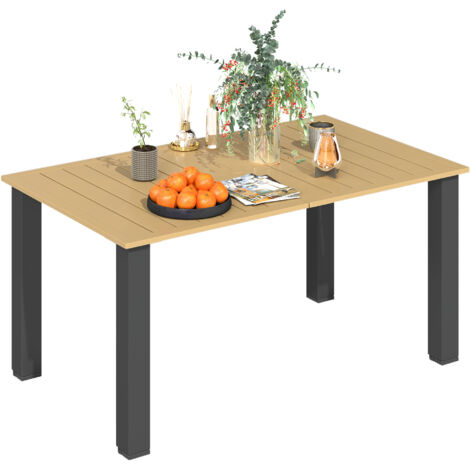 Outsunny mesa de jardín rectangular 150x90x73 cm con patas de acero orificio para sombrilla y diseño de listones carga 70 kg para terraza patio marrón