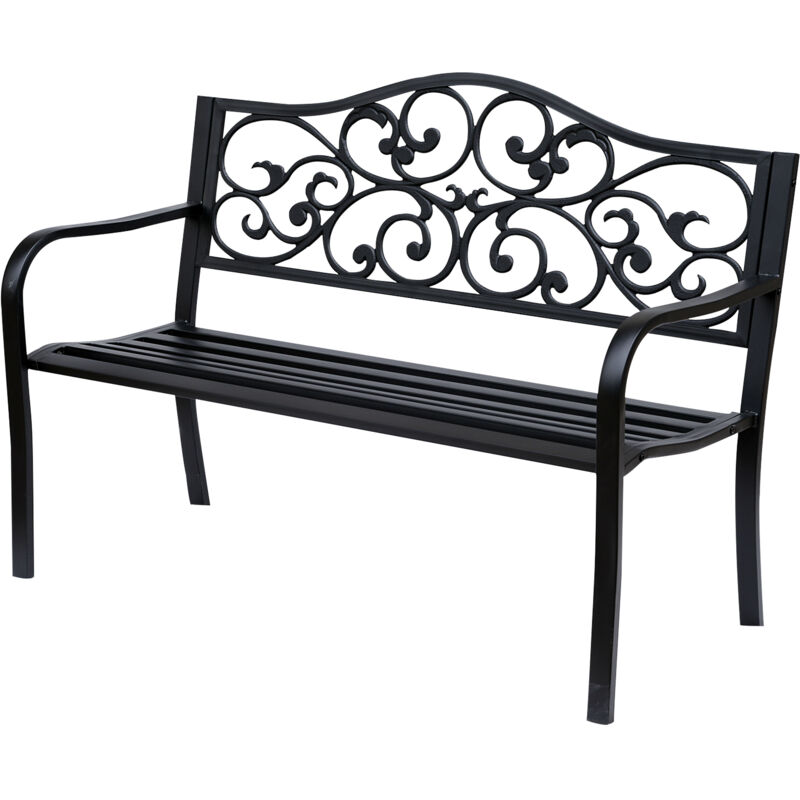 Outsunny Metal Garden Bench, Outdoor Bench with Floral Back, Black