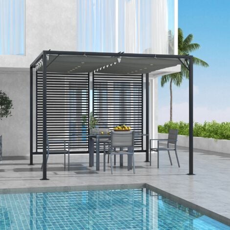 Outsunny Metal Pergola Patio Sun Shelter Grape Tent Retractable Canopy UV Cut Grey