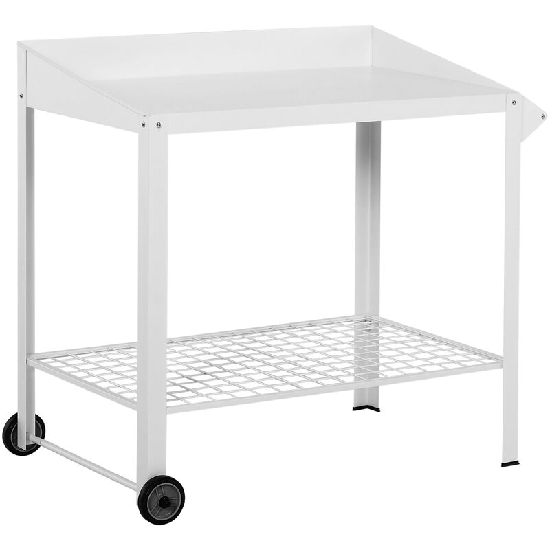 Metal Potting Bench Table Outdoors Garden w/ Wheels, Side Hanger - Outsunny