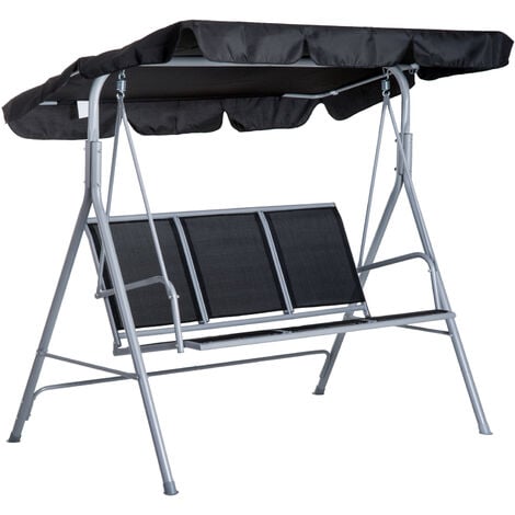 Outsunny Metal Swing Chair Garden Hammock 3 Seater Patio Bench w/ Canopy Black