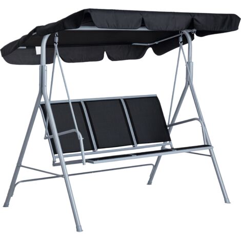 Outsunny Metal Swing Chair Garden Hammock Patio Bench 3 Seater Rock Shelter Shade Black