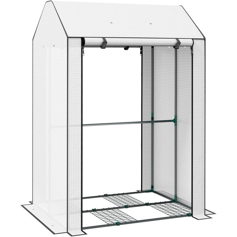 Outsunny Mini Greenhouse with Shelves and Roll Up Door, 100x80x150cm, White - White
