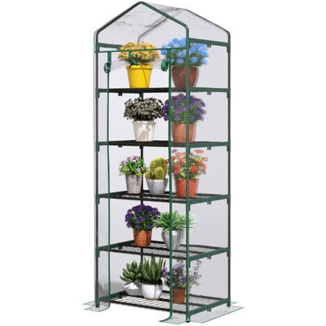 Outsunny Mini Serra per Piante a 5 Ripiani in Acciaio con Copertura in PVC, 69x49x193cm