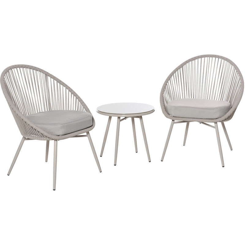 Set 3 Pezzi Tavolino e Sedie da Giardino Stile Boho in Rattan Bianco - Outsunny