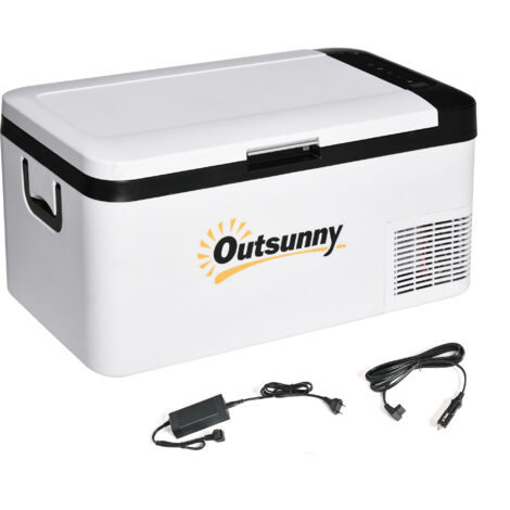 Outsunny Nevera Portátil Eléctrica 18L 12/24V hasta -20℃ Nevera y Congelador de Compresor para Coche con Luz LED y Asas Plegables Bajo Consumo Energético para Hogar Camping 58,5x33,5x29,2 cm Blanco
