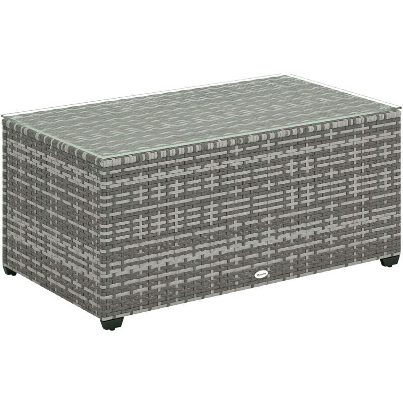 Outsunny Outdoor Coffee Table, Glass Top Rattan Side Table, Light Grey