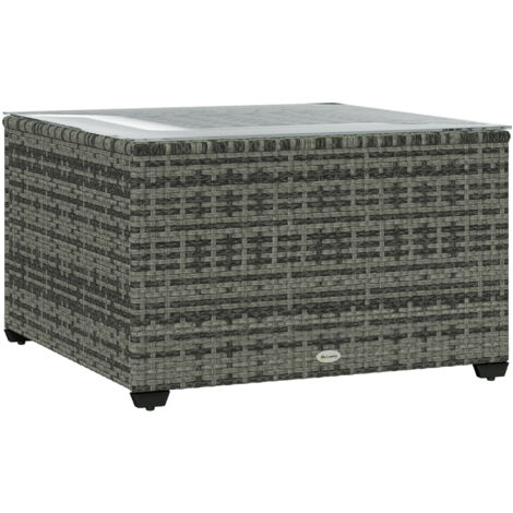 Outsunny Outdoor Coffee Table with Glass Top, Rattan Side Table, Light Grey