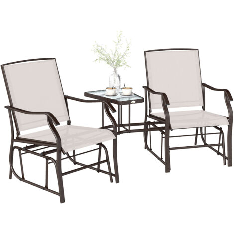 Outsunny Outdoor Double Glider Rocking Chairs with Glass Top Middle Table, Metal Gliding Love Seat Conversation Furniture with Breathable Mesh Fabric Seat, for Garden, Patio Beige