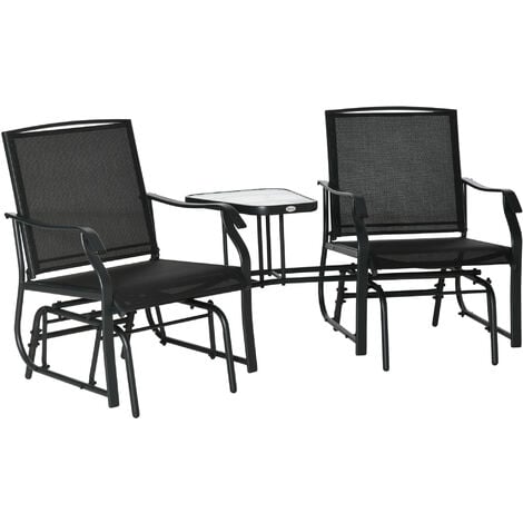 Outsunny Outdoor Double Glider Rocking Chairs with Glass Top Middle Table, Metal Gliding Love Seat Conversation Furniture with Breathable Mesh Fabric Seat, for Garden, Patio Black