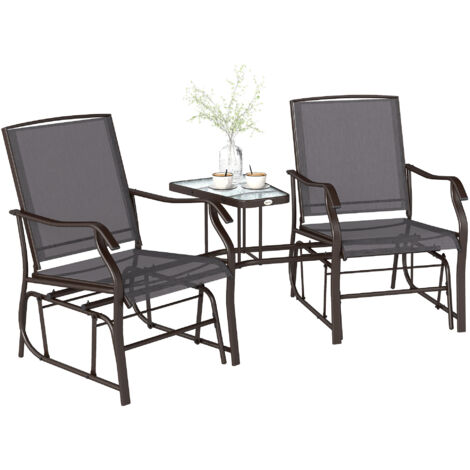 Outsunny Outdoor Double Glider Rocking Chairs with Glass Top Middle Table, Metal Gliding Love Seat Conversation Furniture with Breathable Mesh Fabric Seat, for Garden, Patio Brown