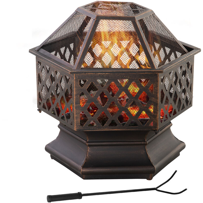 Outdoor Fire Pit with Screen and Poker, Backyard Firebowl, Bronze - Bronze Tone - Outsunny