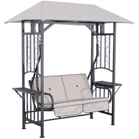 Outsunny Outdoor Garden 2 Seater Canopy Swing Chair Seat Porch Loveseat Vintage Hammock Cushioned Seat w/ and Side Drink Panel