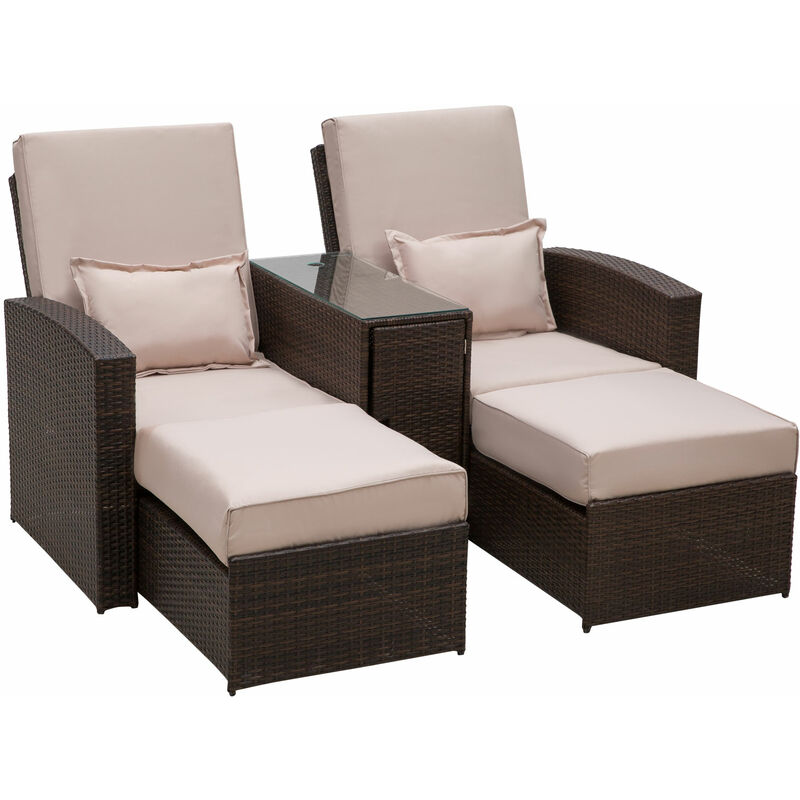 Garden Rattan Companion Sofa Chair & Stool Lounger Recliner Sunbed Furniture Set (Brown) - Outsunny