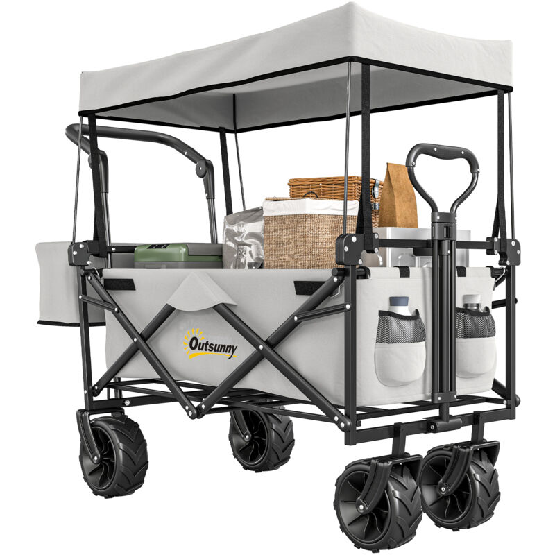 Outsunny - Outdoor Push Pull Wagon Stroller Cart w/ Canopy Top Grey