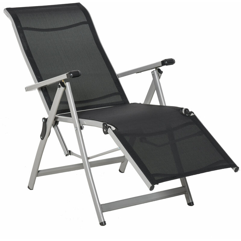 Outdoor Sun Lounger 10-Position Adjustable Folding Reclining Chairs with Footrest for Patio Garden Black and Grey - Outsunny