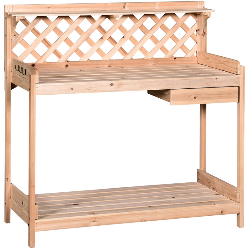 Wooden Garden Potting Table with Drawer Flower Plant Work Bench Workstation Tool Storage Shelves Outdoor Grid - Outsunny